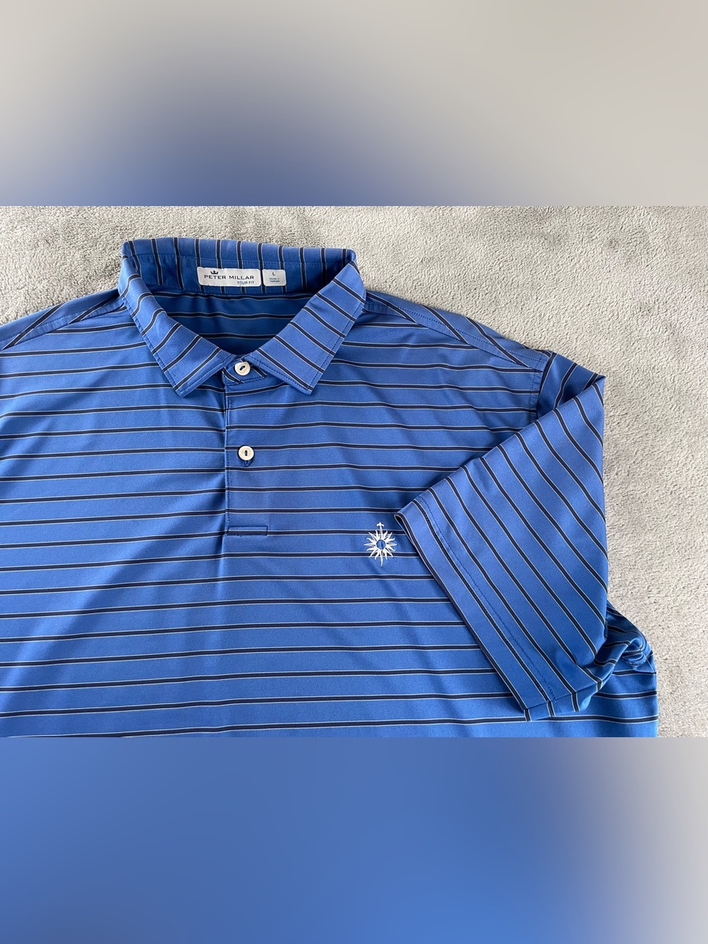 Peter Millar Tour Fit Mens Large Performance Golf Polo Blue Stripes Chest Logo